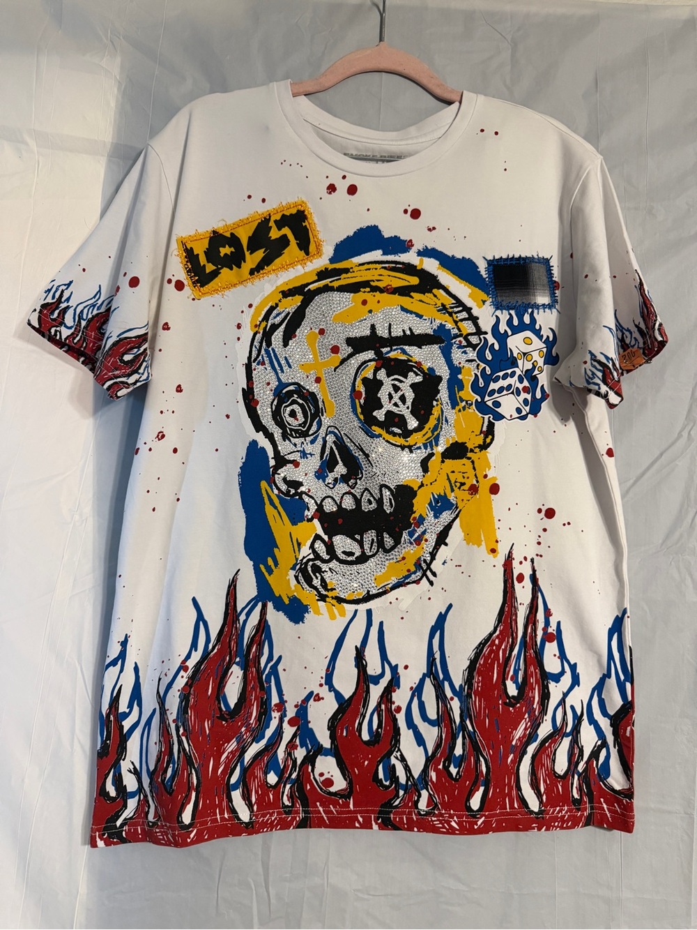 Smoke Rise Men's Large Skull Rhinestone Flame Graphic T Shirt Streetwear Y2K